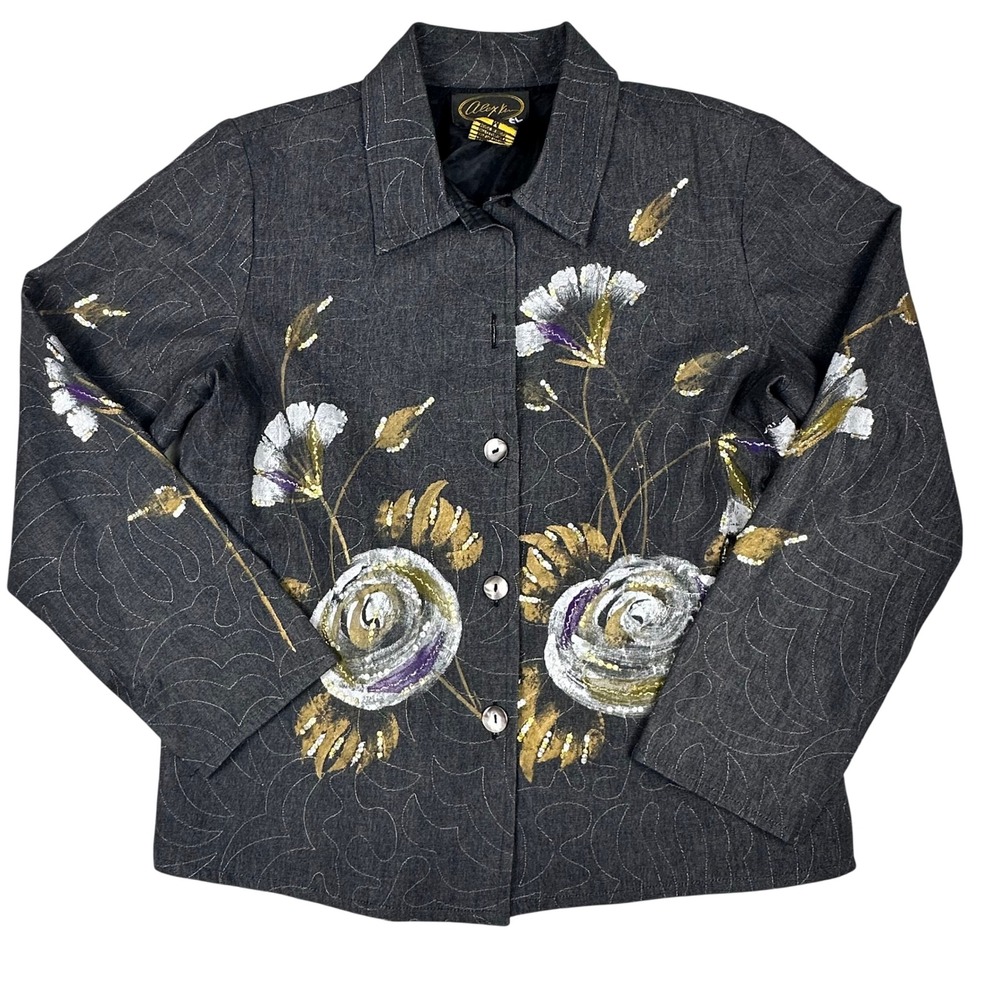 VTG‎ Alex Kim Art to Wear Jacket Blazer Gray Painted Floral Sequins Button Up M